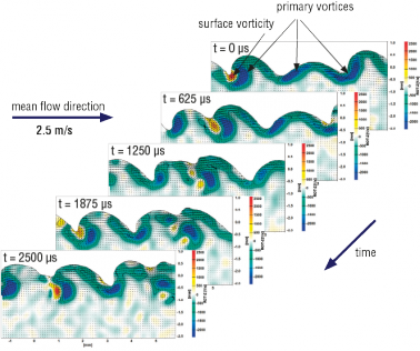 Sequence (1 every 10 frames) of fluctuating velocity vector field with vorticity as contour map
